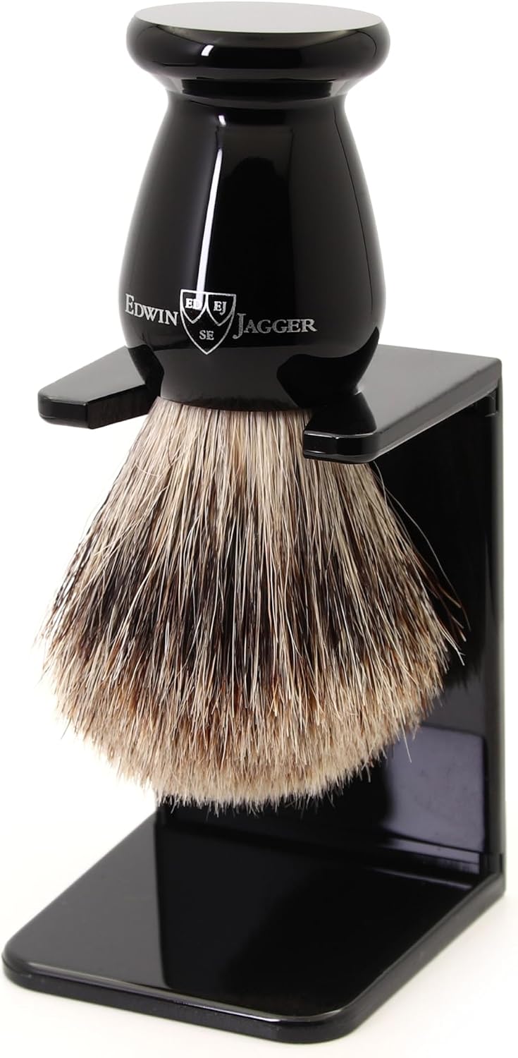 Edwin Jagger 1EJ946SDS Classic Best Badger Hair Exfoliating Shaving Brush with Stand for Shaving Cream or Shaving Soap for Men and Women (Imitation Ebony)