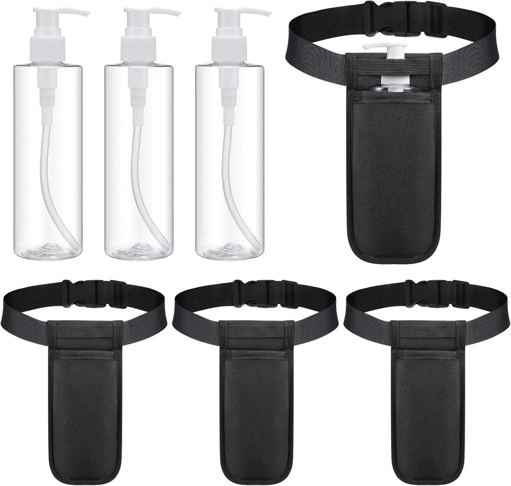 Eaasty 3 Sets Massage Bottle Holster Adjustable Single Holster and 8 oz Plastic Pump Dispenser Bottles for Lotion Massage Oil, Black