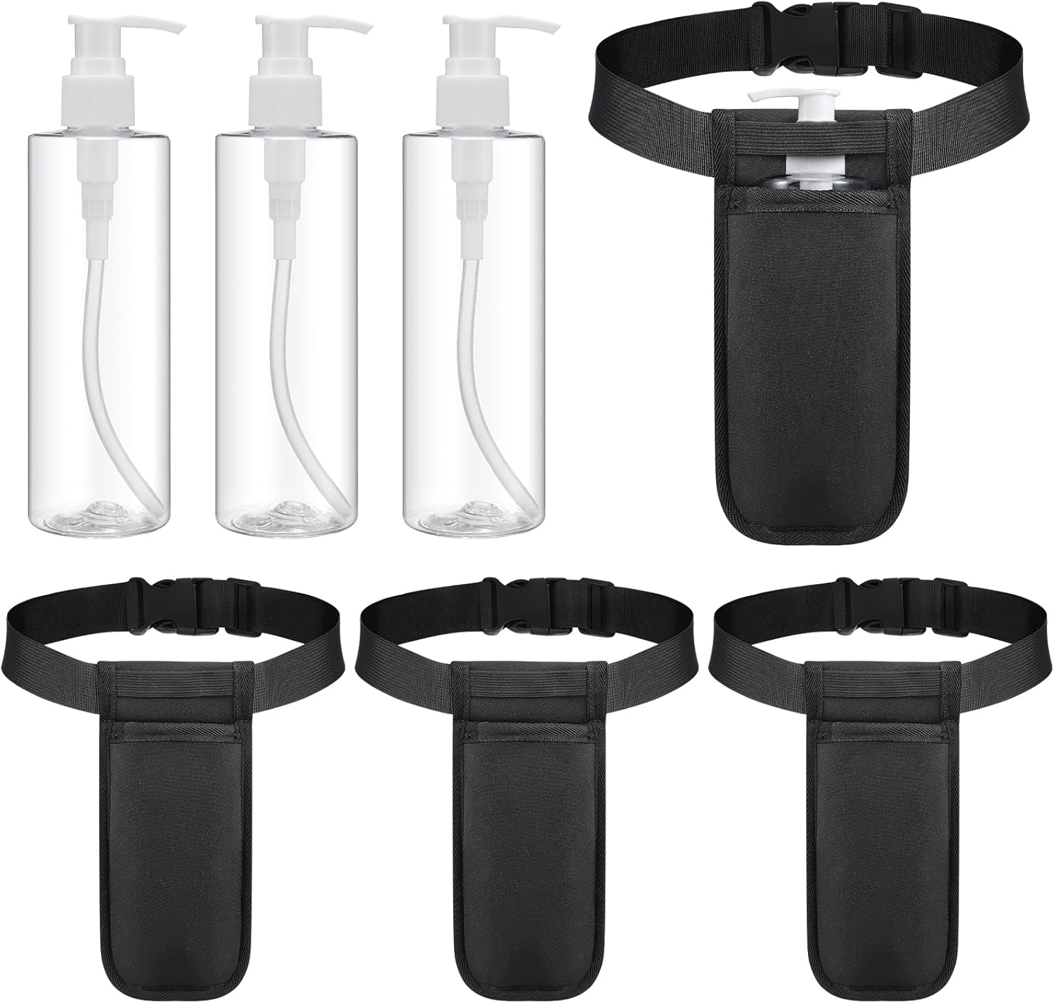 Eaasty 3 Sets Massage Bottle Holster Adjustable Single Holster and 8 oz Plastic Pump Dispenser Bottles for Lotion Massage Oil, Black
