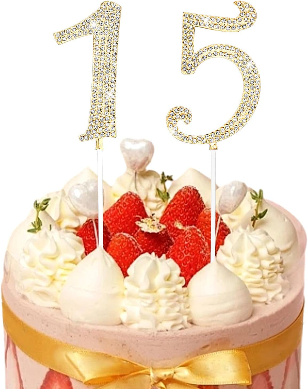 15 Cake Topper, Rhinestone 15th Birthday Cake Topper Happy 15 Crystal Rhinestones Cakes Toppers Crystal Rhinestones Birthdays Cakes Decoration for Quinceanera Birthday Anniversary(Gold)