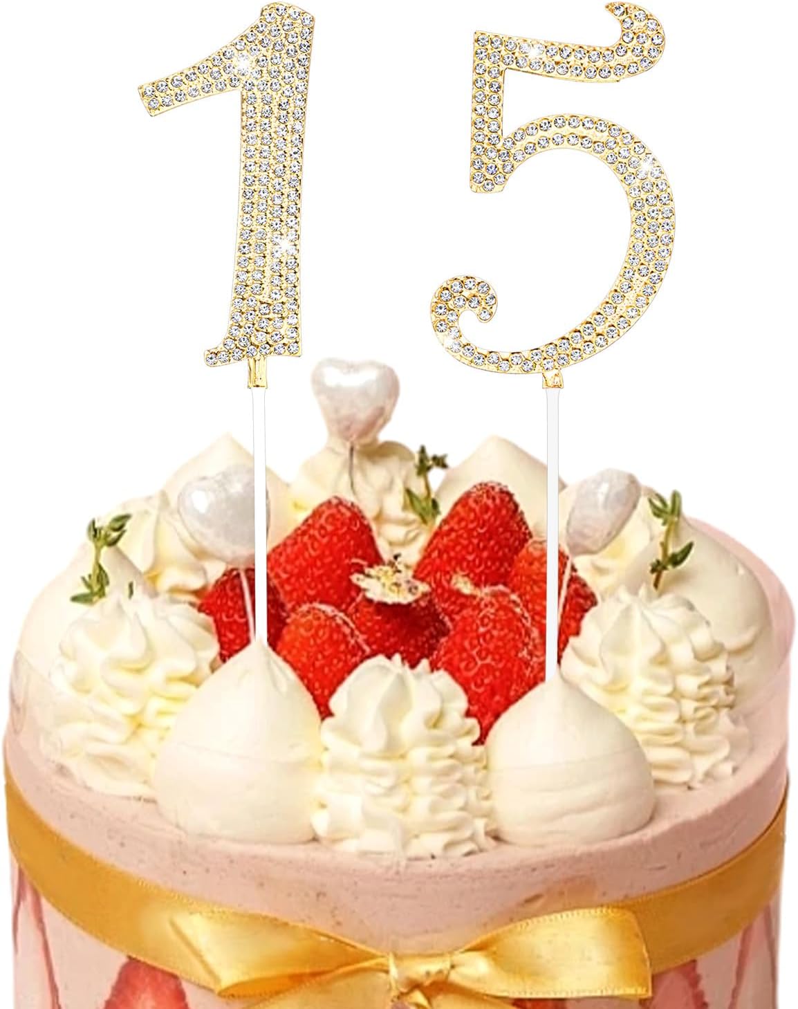 15 Cake Topper, Rhinestone 15th Birthday Cake Topper Happy 15 Crystal Rhinestones Cakes Toppers Crystal Rhinestones Birthdays Cakes Decoration for Quinceanera Birthday Anniversary(Gold)