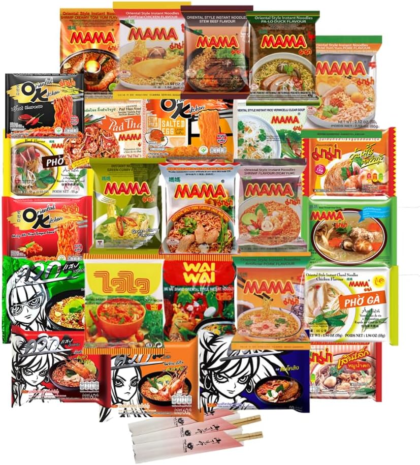 HCG Thai Ramen Noodles Variety Pack with Mama Soup and Wai Wai Quick Instant Noodle, Pack of 15 with chopsticks, 18 Piece Set