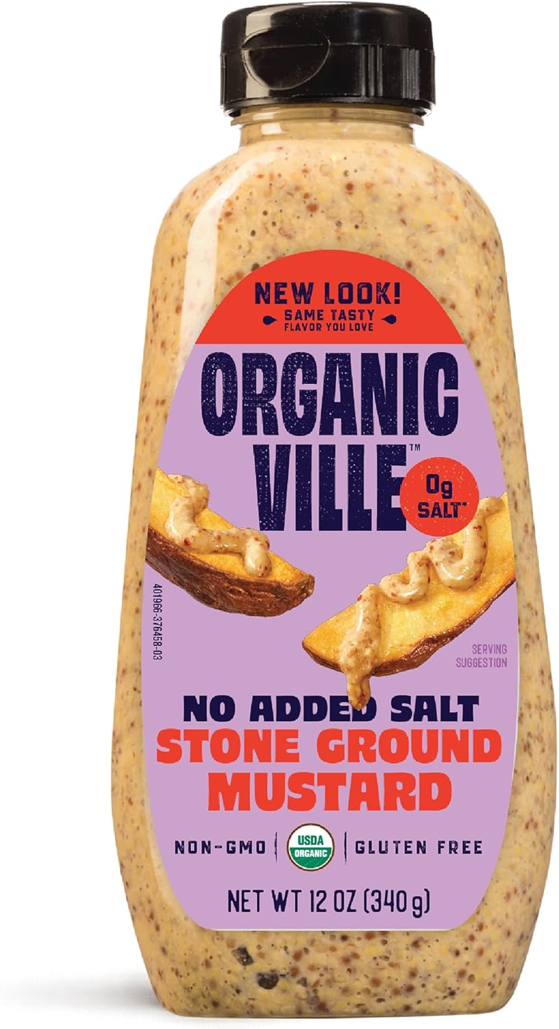 Organicville Stone Ground Mustard - Organic Mustard, 0g Added Sugar, Mustard Stone Ground Organic, Vegan, Gluten Free, USDA Organic, Non-GMO, Whole 30, Paleo, Keto-Friendly - 12 Oz
