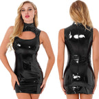 Sexy Womens Glossy Bodycon Dresses Patent Leather High Neck Sleeveless Dress Invisible Zipper Back Clubwear,Black,XXL