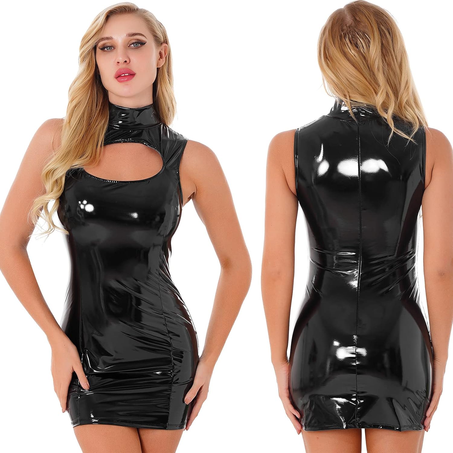 Sexy Womens Glossy Bodycon Dresses Patent Leather High Neck Sleeveless Dress Invisible Zipper Back Clubwear,Black,XXL
