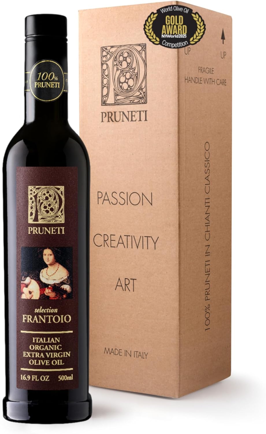 Pruneti Frantoio Organic Extra Virgin Olive Oil – Italian Olive Oil from Tuscany, Italy, 2025 Gold Award Winner – 500+ mg/kg High Polyphenols evoo – Cold pressed for Phenolic Shots & Finishing Use