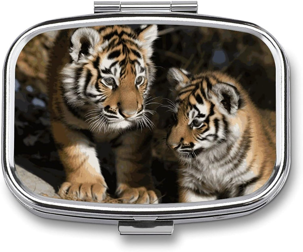Siberian Tiger Pill Box 2 Compartment - Small Metal Medicine Organizer Portable Pill Case for Purse Pocket Travel Vitamin Organizer for Men Women, BPA-Free