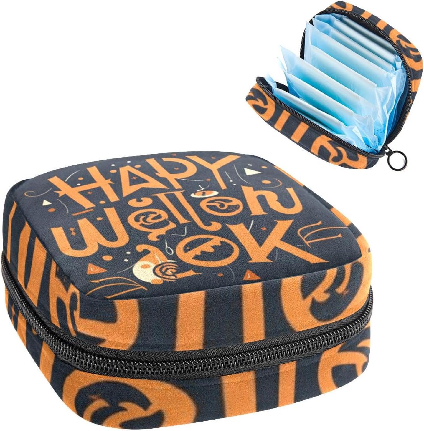 Sanitary Napkin Storage Bag for Women Cute, Feminine Menstruation Pad Holder for Period, Portable Zipper Menstrual Pad Bags Halloween Letters