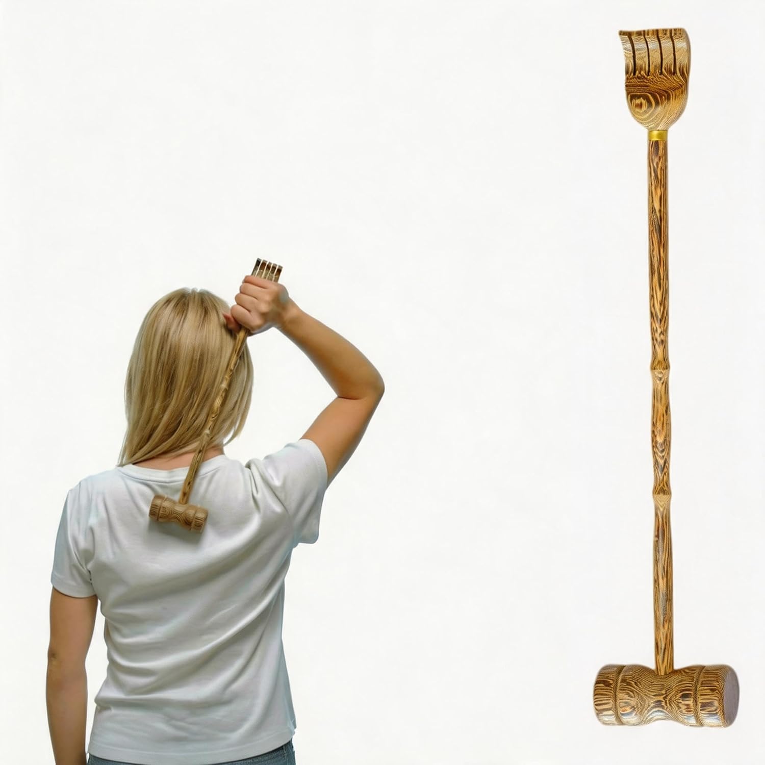 Wood Back Scratcher with Massage Hammer: 100% Natural Wood Traditional Finger-Like Back Scratchers for Adults Men Women,19Inch Thicken Extended with Body Massager,Strong & Sturdy Gifts