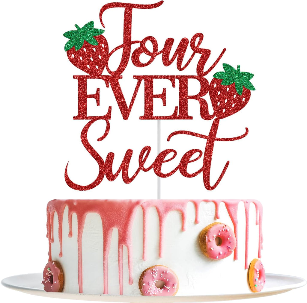 Four Ever Sweet Cake Topper, Strawberry 4th Birthday Cake Topper, Berry Sweet Four, Strawberry Themed 4th Birthday Party Decorations, Red Glitter
