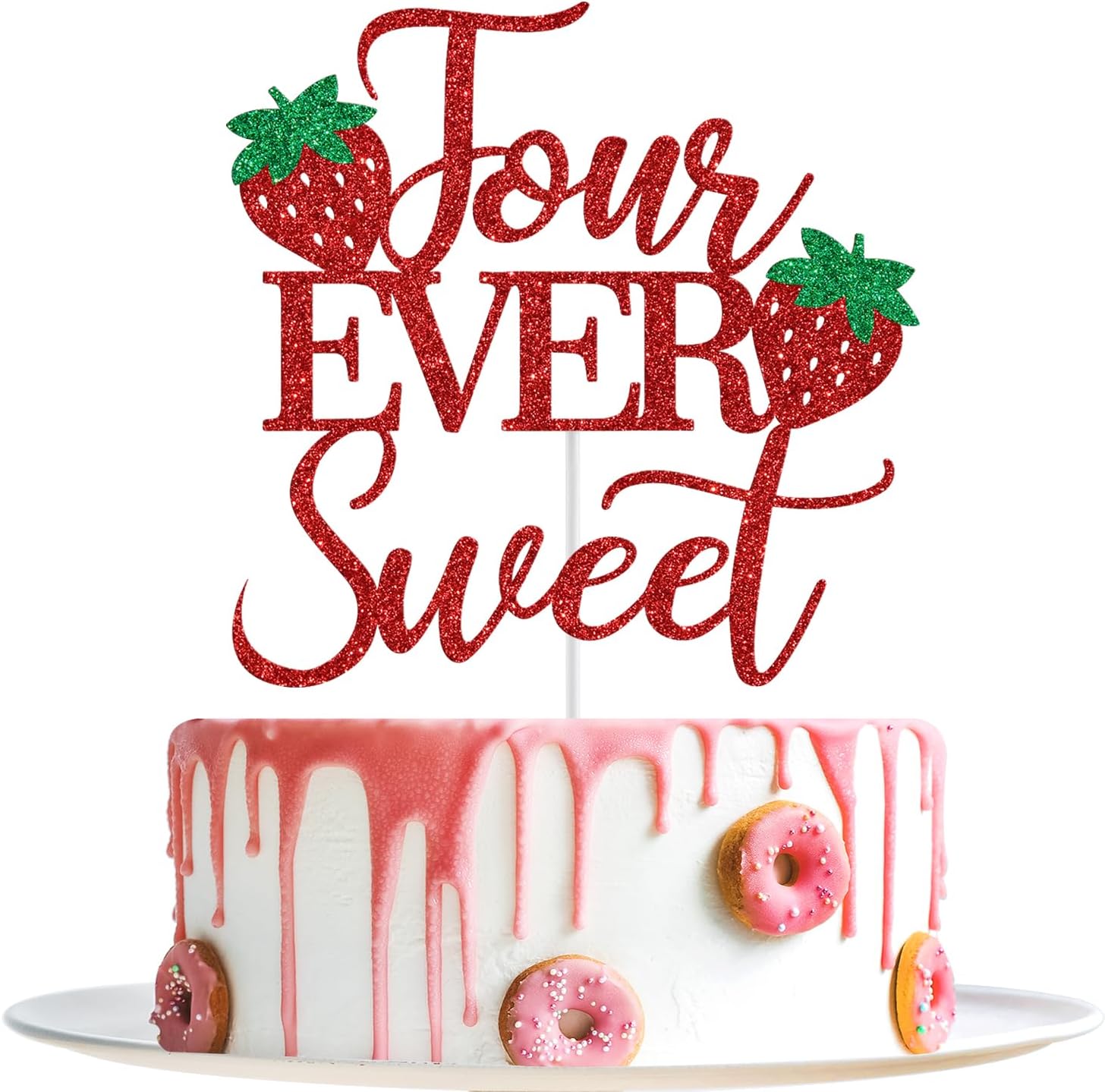 Four Ever Sweet Cake Topper, Strawberry 4th Birthday Cake Topper, Berry Sweet Four, Strawberry Themed 4th Birthday Party Decorations, Red Glitter