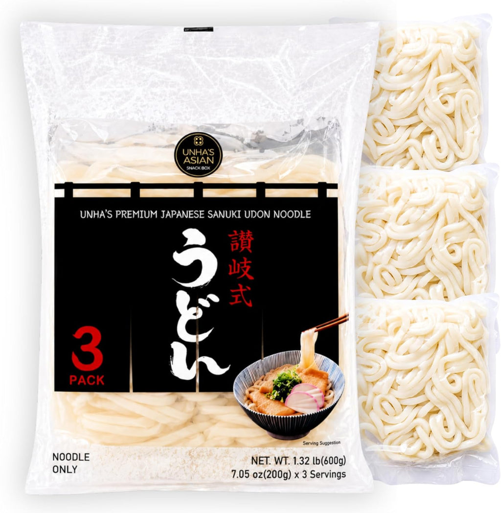 Unha’s Japanese Sanuki Fresh Udon Noodles, Jumbo Chewy Noodles, No Soup Included, Quick and Easy, 22 oz (200g × 3 Packs) Pack of 1