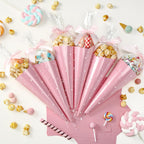 Yexiya 156 Pcs Pink Bow Cone Cellophane Bag Set DIY Sweet Cones Shaped Treat Bags Pink Card Paper, Bow and Pearl Patches for Party Favors Sweet Snack Popcorn Packing Gift