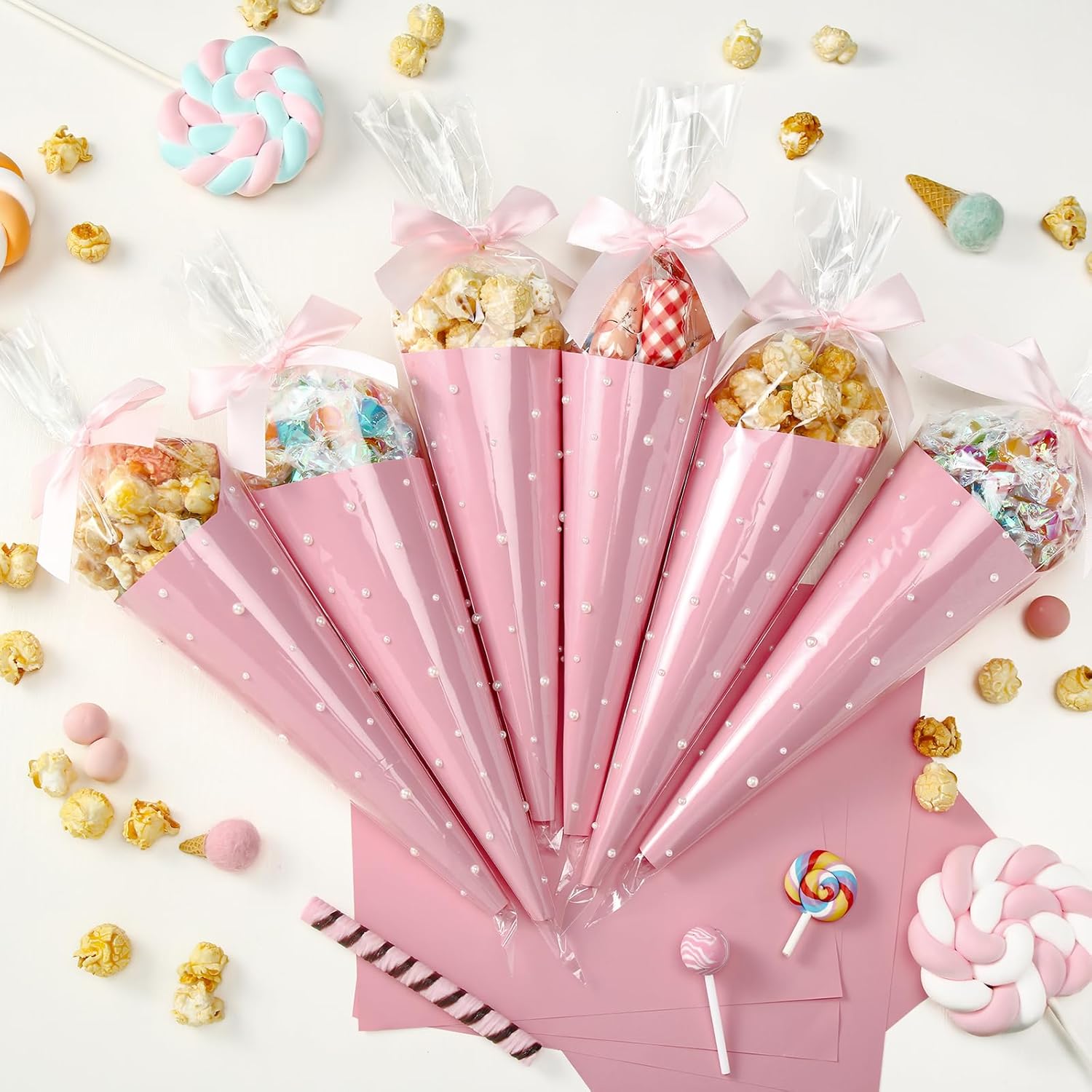Yexiya 156 Pcs Pink Bow Cone Cellophane Bag Set DIY Sweet Cones Shaped Treat Bags Pink Card Paper, Bow and Pearl Patches for Party Favors Sweet Snack Popcorn Packing Gift