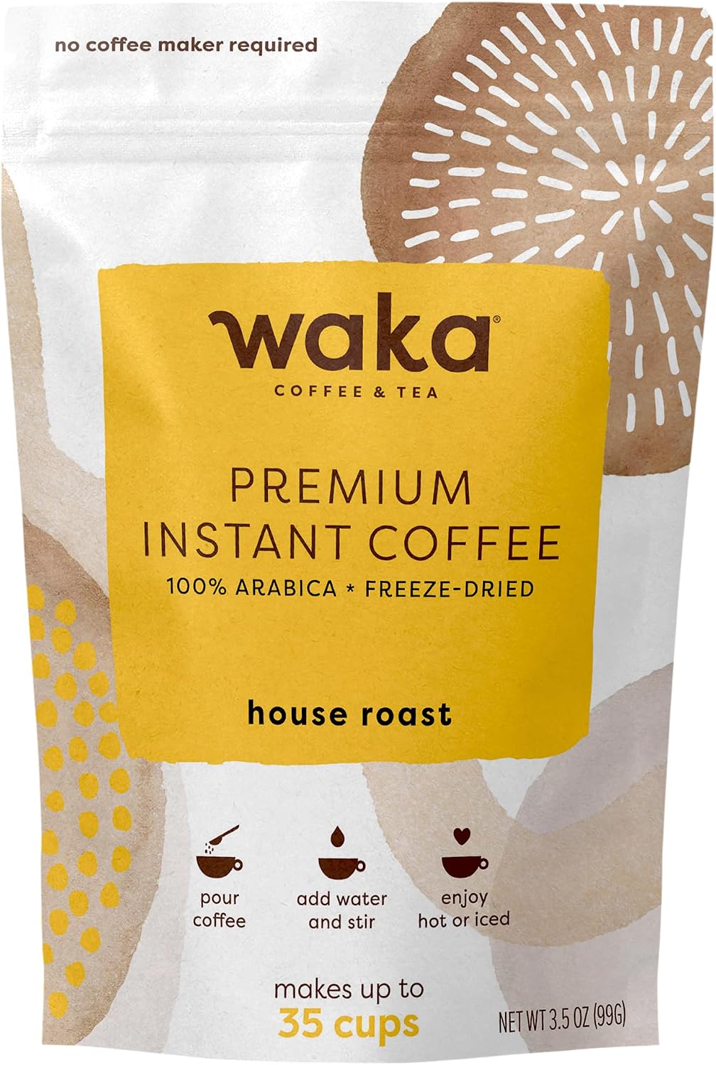 Waka Premium Instant Coffee Pouch — 100% Arabica Freeze Dried Beans — For Hot or Iced Coffee (3.5 Ounces, House Roast)