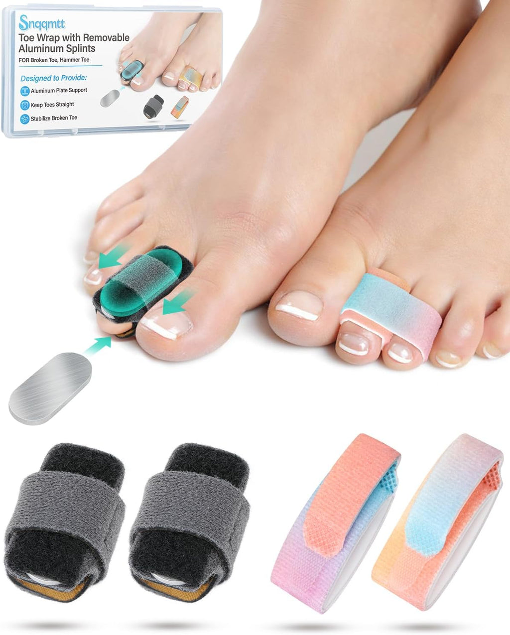 2Pcs Hammer Toe Straightener Broken Toe Splint with Removable Aluminum Plate and 2Pcs Fabric Wraps for Women & Men, Adjustable HammerToe Corrector for Curled & Bent Toe, Broken Support (Large)
