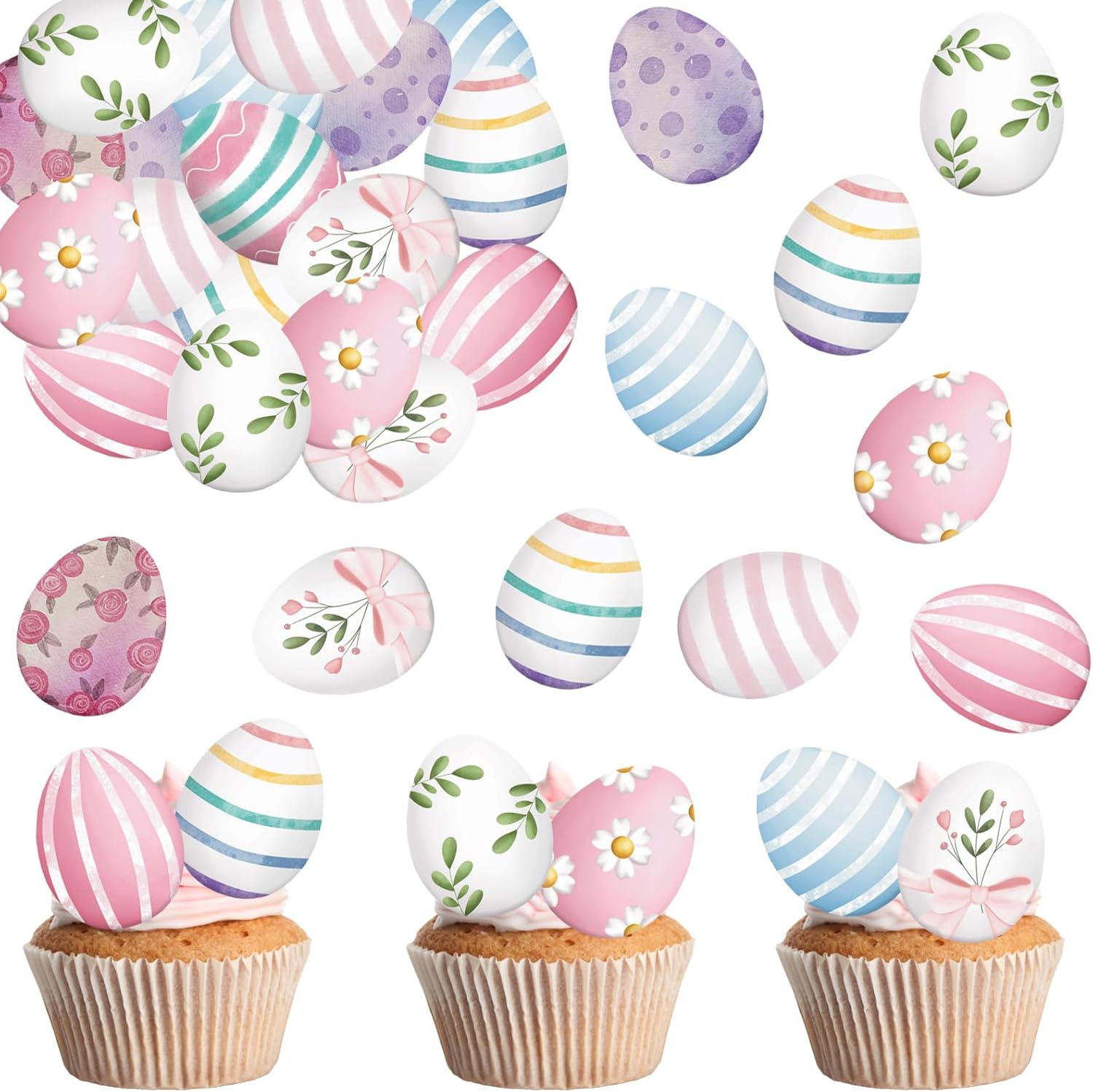60PCS Edible Easter Eggs Cupcake Toppers Edible Spring Happy Easter Eggs Cupcake Picks Wafer Paper Easter Day Cake Toppers for Happy Easter Theme Spring Birthday Baby Shower Party Supplies