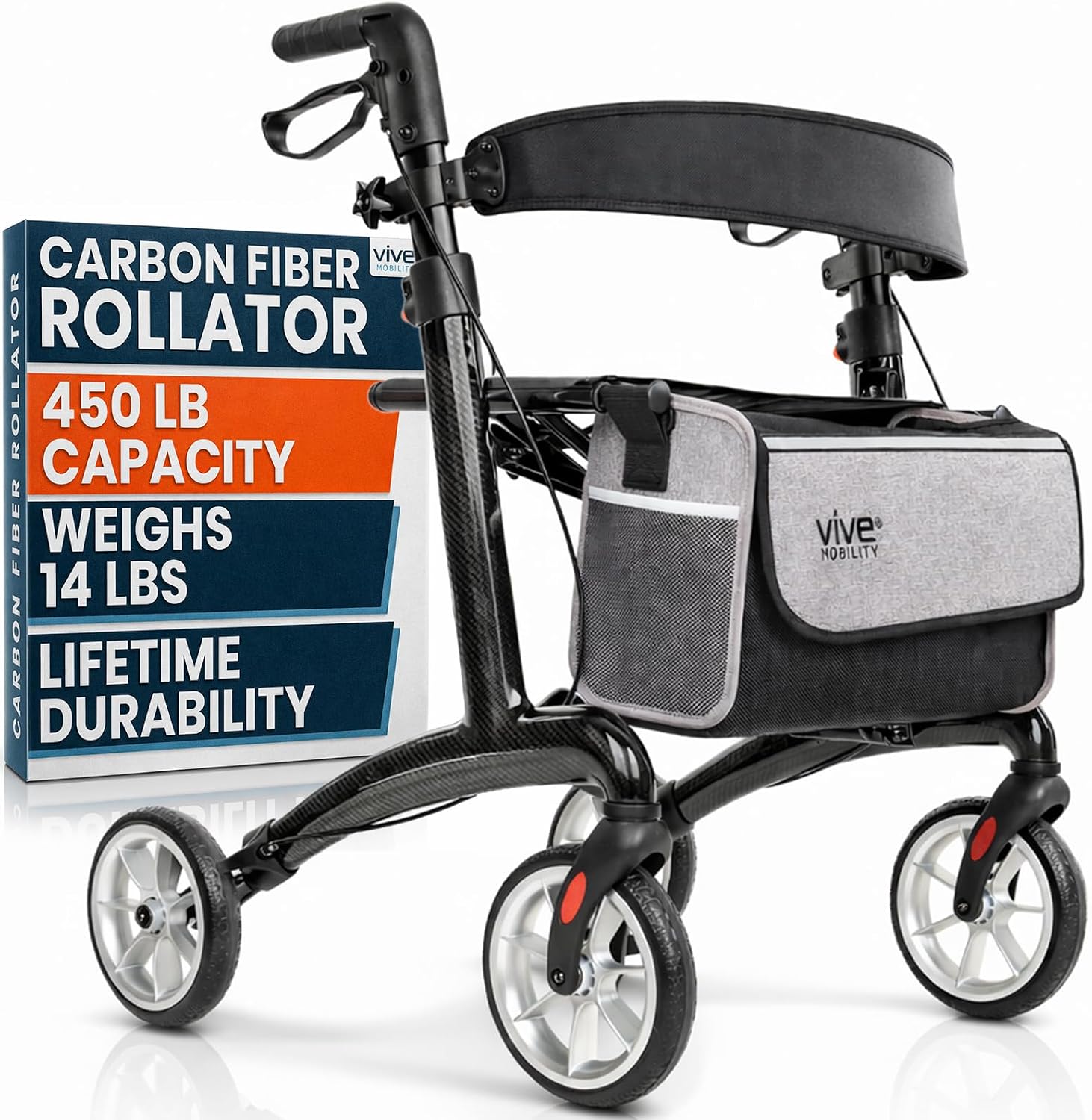 Vive Lightweight Bariatric Rollator with Seat – Carbon Fiber Walker for Seniors (Supports 450 lbs) – Folding Mobility Aid with Brakes, Armrest & Storage Bag – Height Adjustable, Compact, Durable