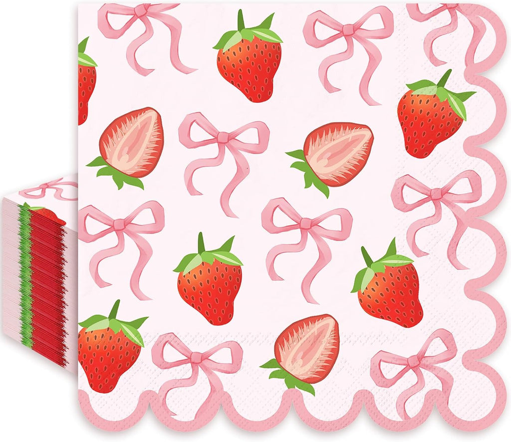 JarThenaAMCS 50Pcs Strawberry Paper Napkins Summer Fruit Disposable Napkins Pink Bow Scalloped Edge Paper Luncheon Dinner Napkins for Baby Shower Berry First Birthday Party Decor