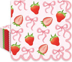 JarThenaAMCS 50Pcs Strawberry Paper Napkins Summer Fruit Disposable Napkins Pink Bow Scalloped Edge Paper Luncheon Dinner Napkins for Baby Shower Berry First Birthday Party Decor
