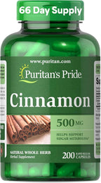 Puritan's Pride Cinnamon 500mg, Supports Healthy Sugar Metabolism & Heart Health, 200 Capsules