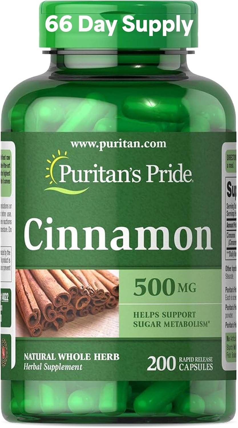 Puritan's Pride Cinnamon 500mg, Supports Healthy Sugar Metabolism & Heart Health, 200 Capsules