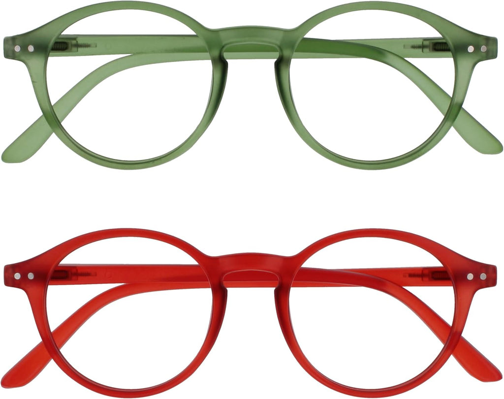 OPULIZE REY Reading Glasses for Women Men, Retro Round Frame with Spring Hinges, Matte Green, Red +1.50 (Pack of 2)