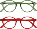 OPULIZE REY Reading Glasses for Women Men, Retro Round Frame with Spring Hinges, Matte Green, Red +1.50 (Pack of 2)