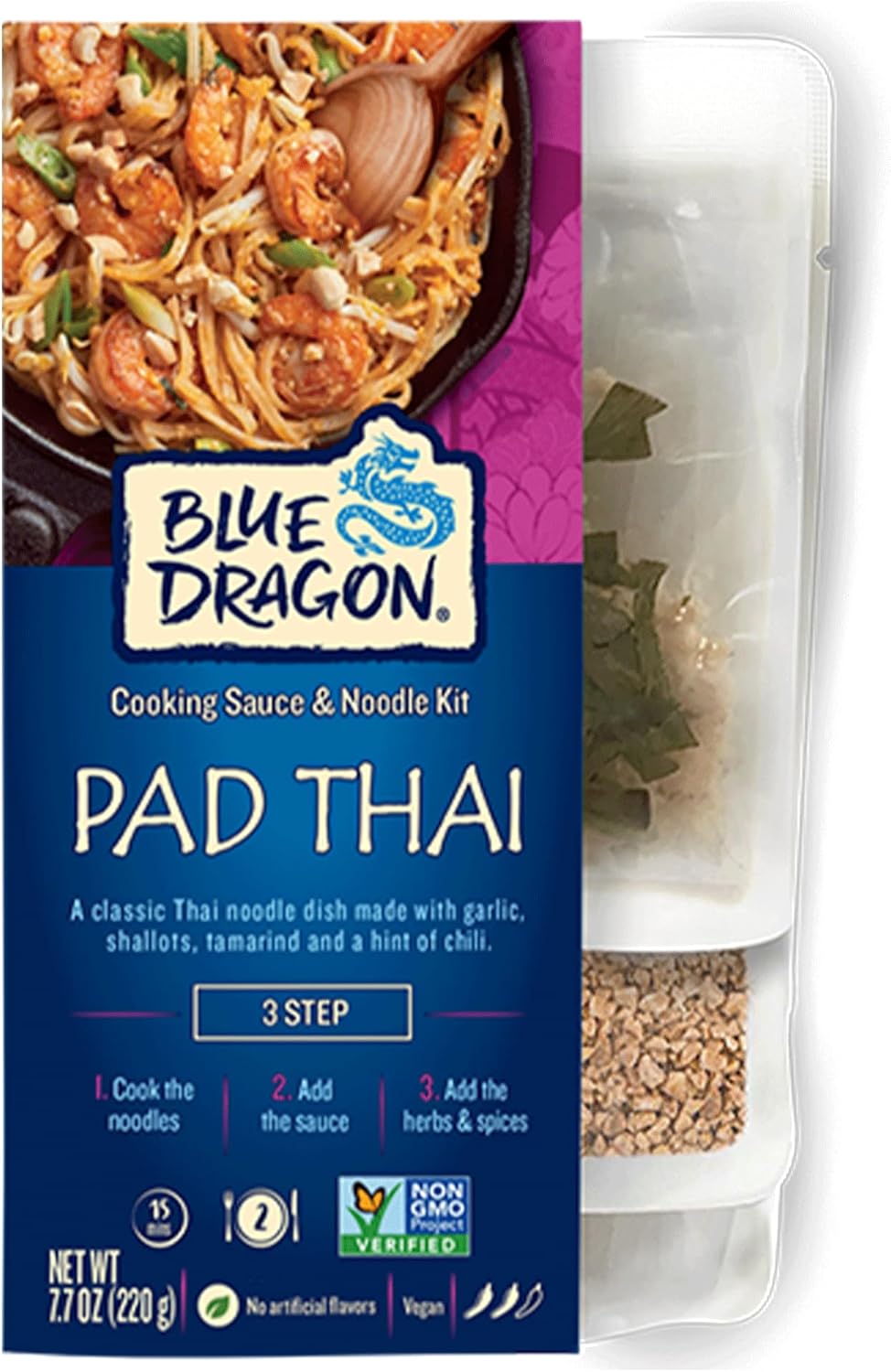 Blue Dragon Pad Thai 3 Step Cooking Sauce & Rice Noodle Kit - 7.7oz (Pack of 1) - Pre-Portioned Sachets of Dried Rice Noodles, Pad Thai Sauce, & Aromatic Herbs & Spices - Vegan, Non-GMO & Gluten-free