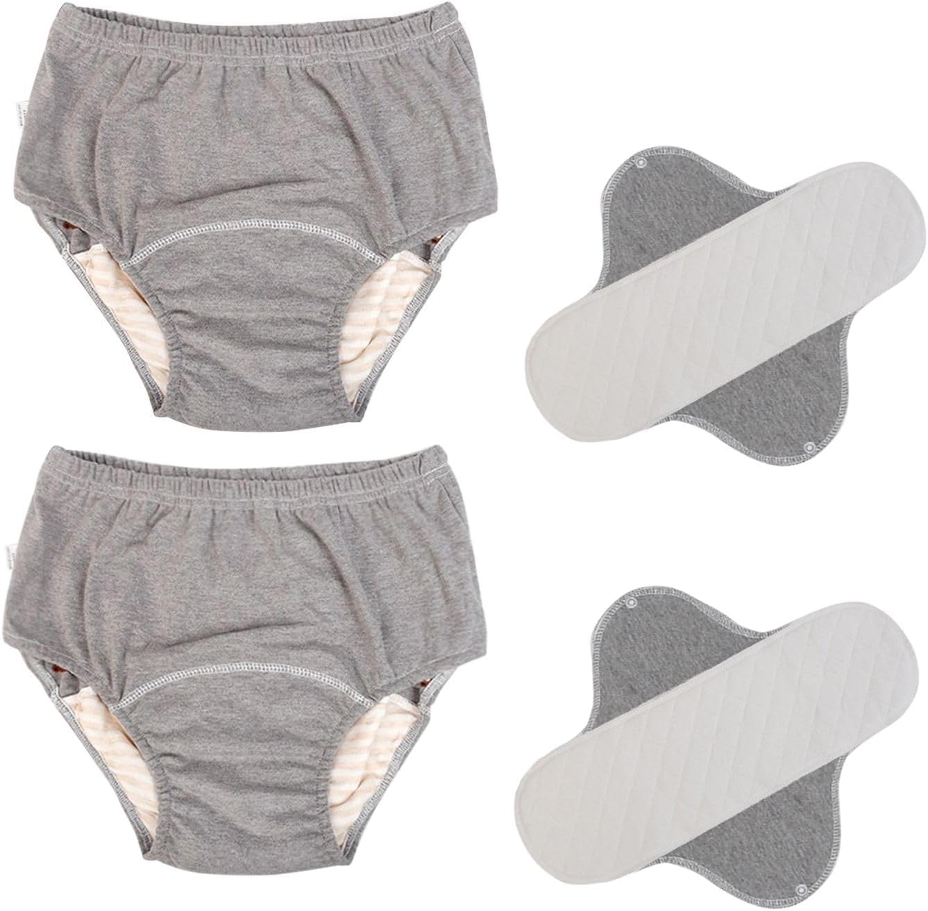 2 Pack Washable Incontinence Underwear for Men/Women, TPU Leakage-Proof Adult Cloth Diaper Nappy with Inserts, Reusable Absorbent Urinary Briefs for The Elderly, Disabled, Postpartum (Grey-M)