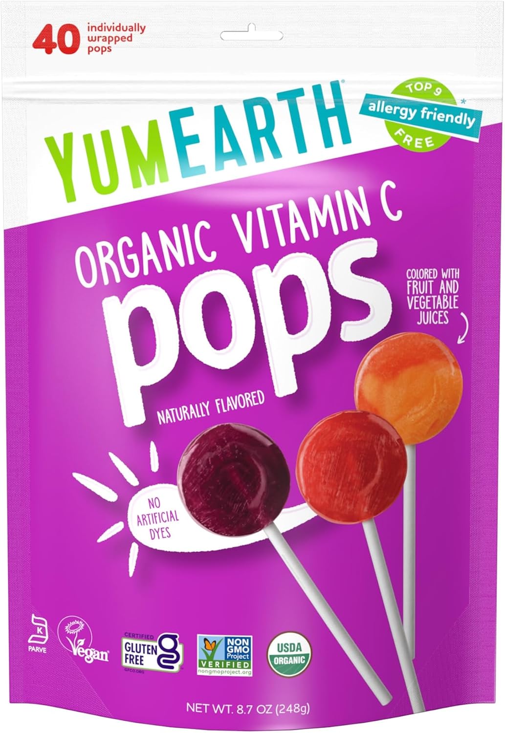 YumEarth Organic Vitamin C Pops Variety Pack, 40 Fruit Flavored Favorites Lollipops, Allergy Friendly, Gluten Free, Non-GMO, Vegan, No Artificial Dyes