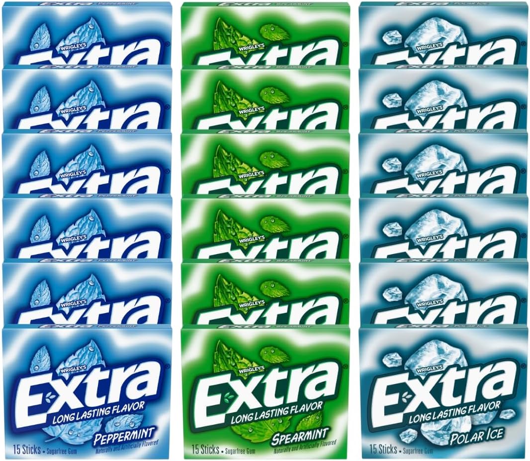 Extra Long Lasting Sugar Free Chewing Gum, Polar Ice, Spearmint & Peppermint Flavors, Variety Box, 18 Count