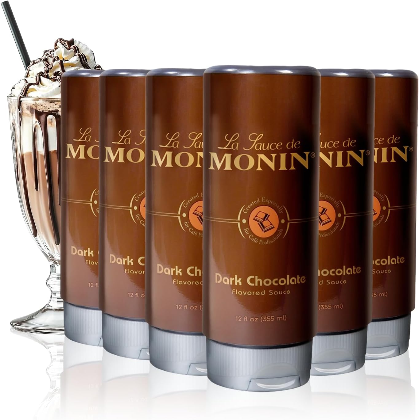 Monin - Dark Chocolate Sauce, Velvety and Rich, Great for Desserts, Coffee, and Snacks, Gluten-Free (12 Ounce, 6-Pack)
