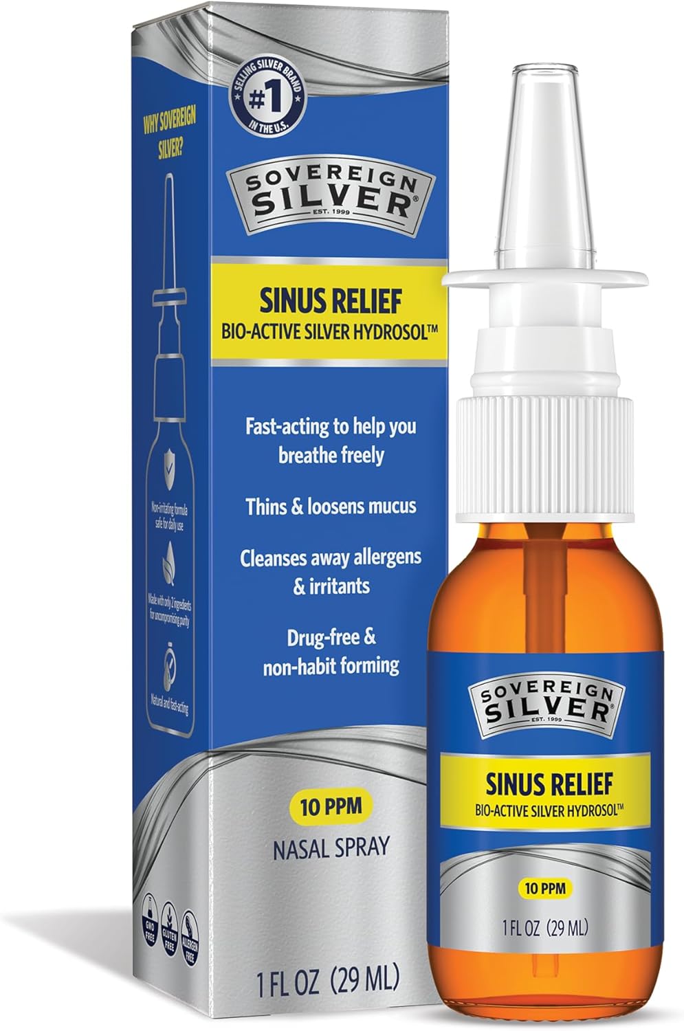 Sovereign Silver Sinus Relief Nasal Spray, 10 PPM Bio-Active Silver Hydrosol, Sinus Spray to Cleanse Mucus & Allergens, Drug-Free Nasal Cleanser, Non-Habit Forming – 1 fl oz (30mL)