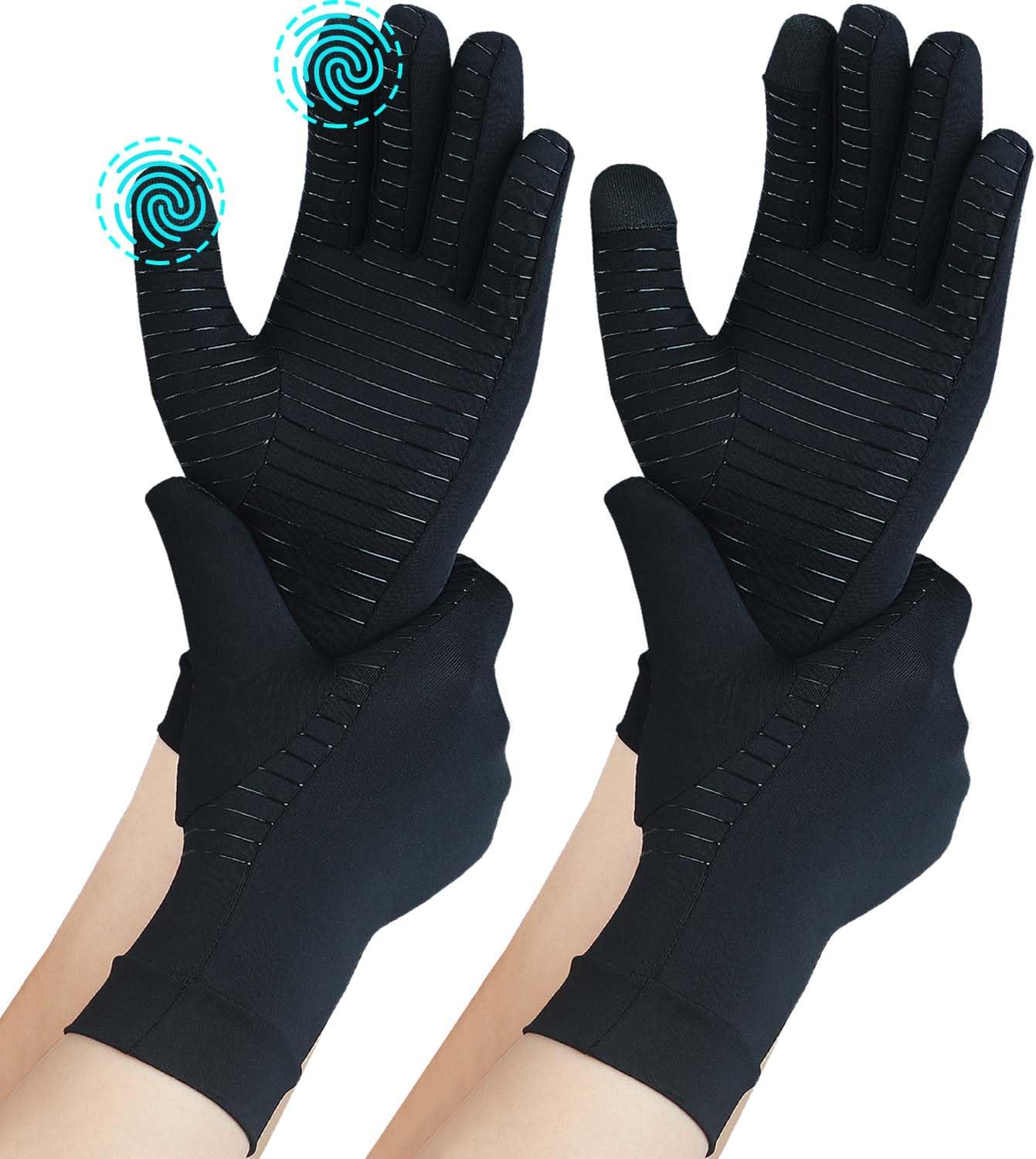 2 Pairs Full Finger Copper Arthritis Compression Gloves with Touchscreen Tips. Relief for Hand Pain, Carpal Tunnel, Rheumatoid, Inflammation, Tendonitis, Trigger Finger, RSI, Fit for Men Women (M)