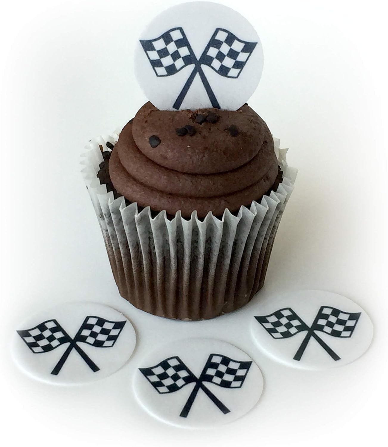 Car Racing Checkered Flag Wafer Paper Toppers 1.5 Inch for Decorating Desserts Cupcakes Birthday Cakes Cookies Pack of 12