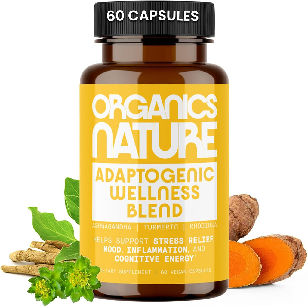 Adaptogenic Wellness Blend Capsules – Ashwagandha, Turmeric, Rhodiola, Ginger, Black Pepper, Stress Relief, Mood, Inflammation, Vegan, Non-GMO, Gluten-Free, 60 Capsules