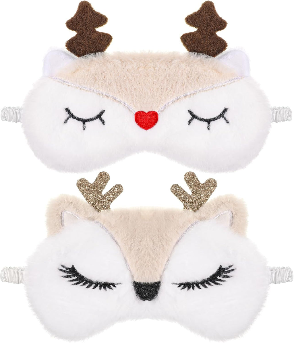 Christmas Eye Mask, 2 Pcs Cute Reindeer Sleeping Eye Mask Soft Plush Sleep Masks Funny Animal Blindfold Cartoon Eyeshade Cover for Women Home Travel Sleepover Party