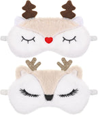 Christmas Eye Mask, 2 Pcs Cute Reindeer Sleeping Eye Mask Soft Plush Sleep Masks Funny Animal Blindfold Cartoon Eyeshade Cover for Women Home Travel Sleepover Party