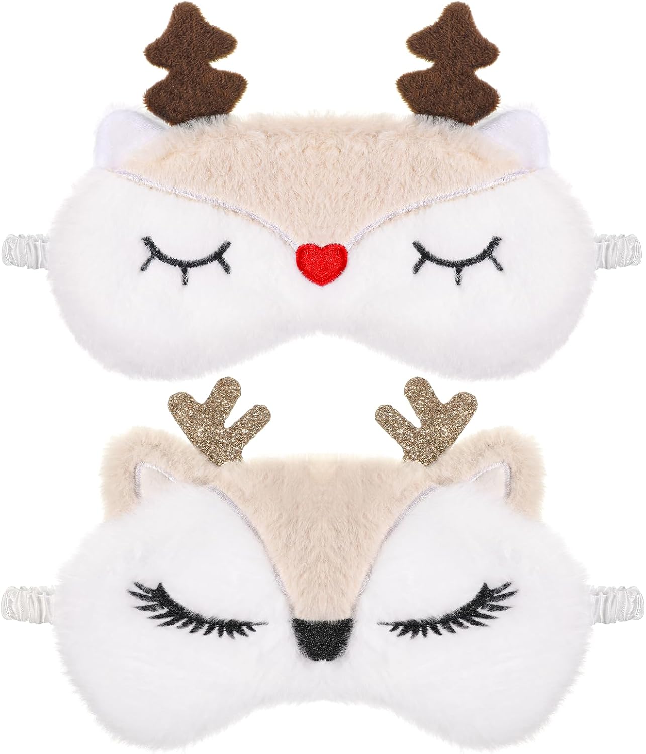 Christmas Eye Mask, 2 Pcs Cute Reindeer Sleeping Eye Mask Soft Plush Sleep Masks Funny Animal Blindfold Cartoon Eyeshade Cover for Women Home Travel Sleepover Party