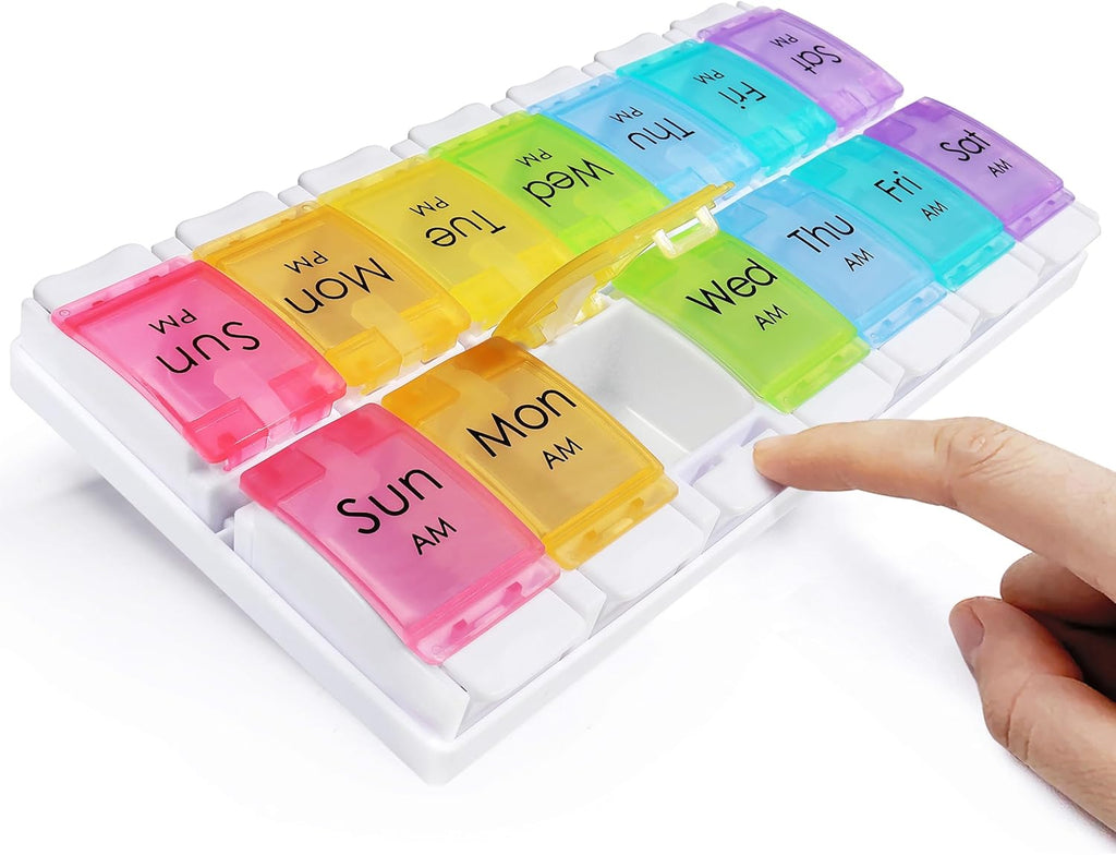 MOLN HYMY Large Pill Organizer 2 Times a Day, AM PM Pill Box 7 Day, 14 Dividers 2 Week Medicine Pill Organizer with Easy Push Button for Medication, Vitamins, Fish Oils, Supplements