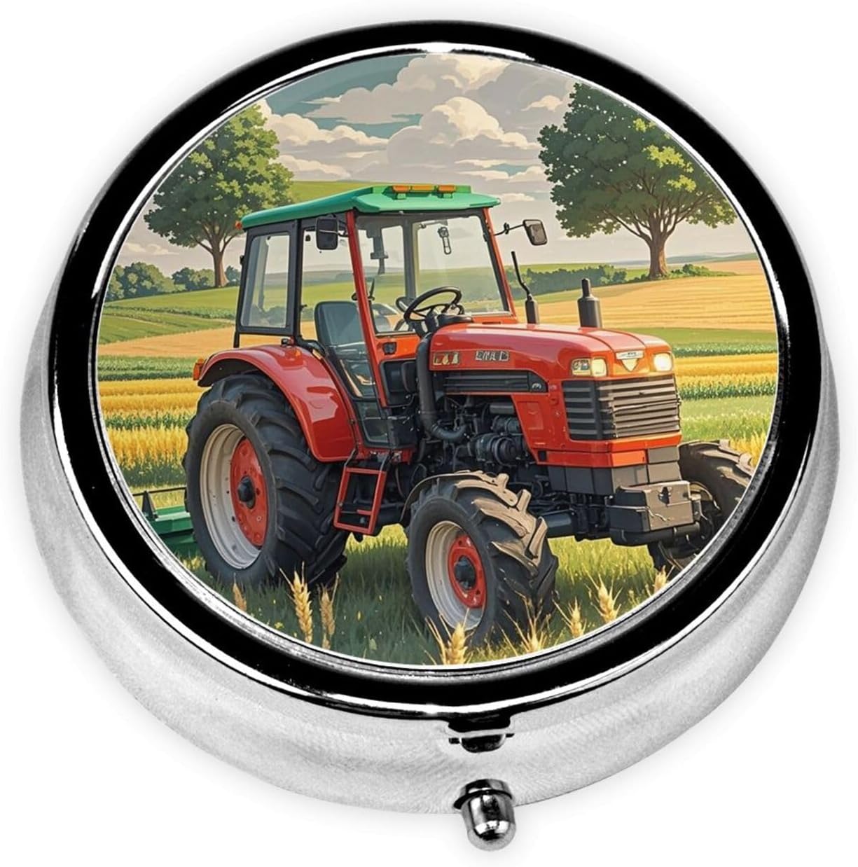 Portable 3-Compartment Pill Box â€“ Round Daily Medicine Organizer for Pocket or Purse, Tractor Theme Ideal for Morning, Noon & Evening Doses