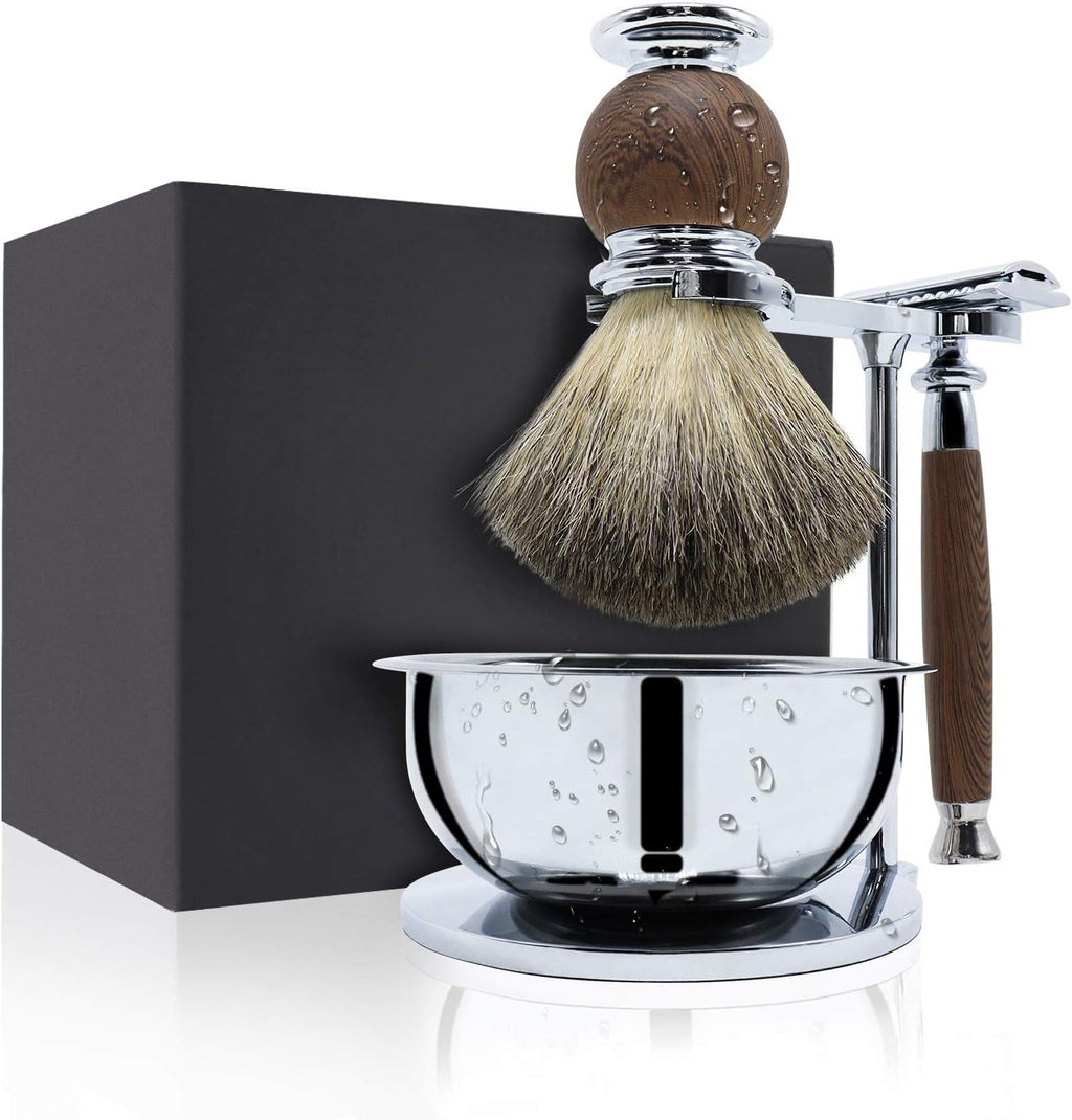 Jolitac Wet Shaving Kit For Men - Badger Hair Shaving Brush, Shaving Stand, Stainless Steel Shaving Bowl Mug, Double Edge Safety Razor, Men's Safety Razor Grooming Gift Set (Wood)