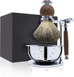 Jolitac Wet Shaving Kit For Men - Badger Hair Shaving Brush, Shaving Stand, Stainless Steel Shaving Bowl Mug, Double Edge Safety Razor, Men's Safety Razor Grooming Gift Set (Wood)