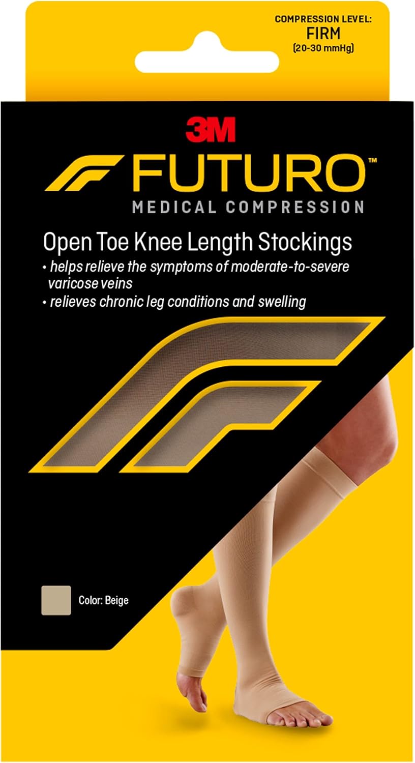 FUTURO Open Toe Knee Length Stockings for Men & Women, Large, Beige, Firm (20-30 mm/Hg)