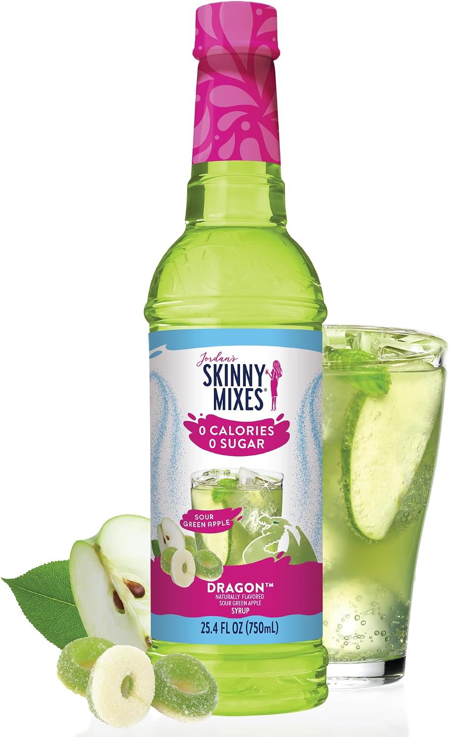 Jordan's Skinny Mixes Sugar Free Syrup, Sour Green Apple, Fruit Flavored Water Enhancer, Drink Mix for Iced Tea, Lemonade, Drinks, Low Calorie Water Flavoring, Dairy & Gluten Free, Kosher, 25.4 Fl Oz