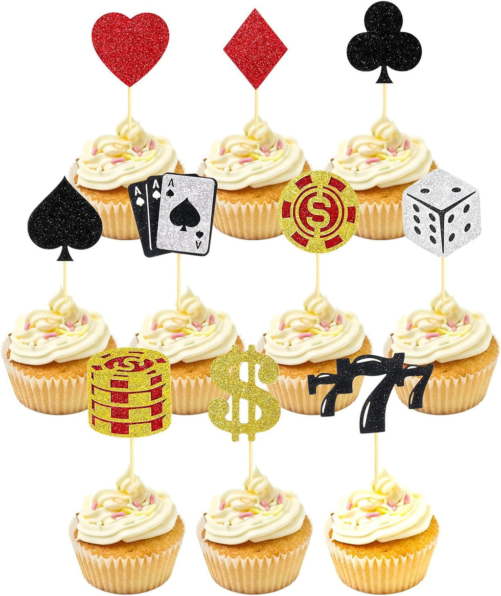 24 Pcs Casino Cupcake Toppers, Casino Theme Party Decorations, Glitter Poker Chips Toppers for Vegas Themed Party Decorations, Fruit Food Picks for Poker Night Decor