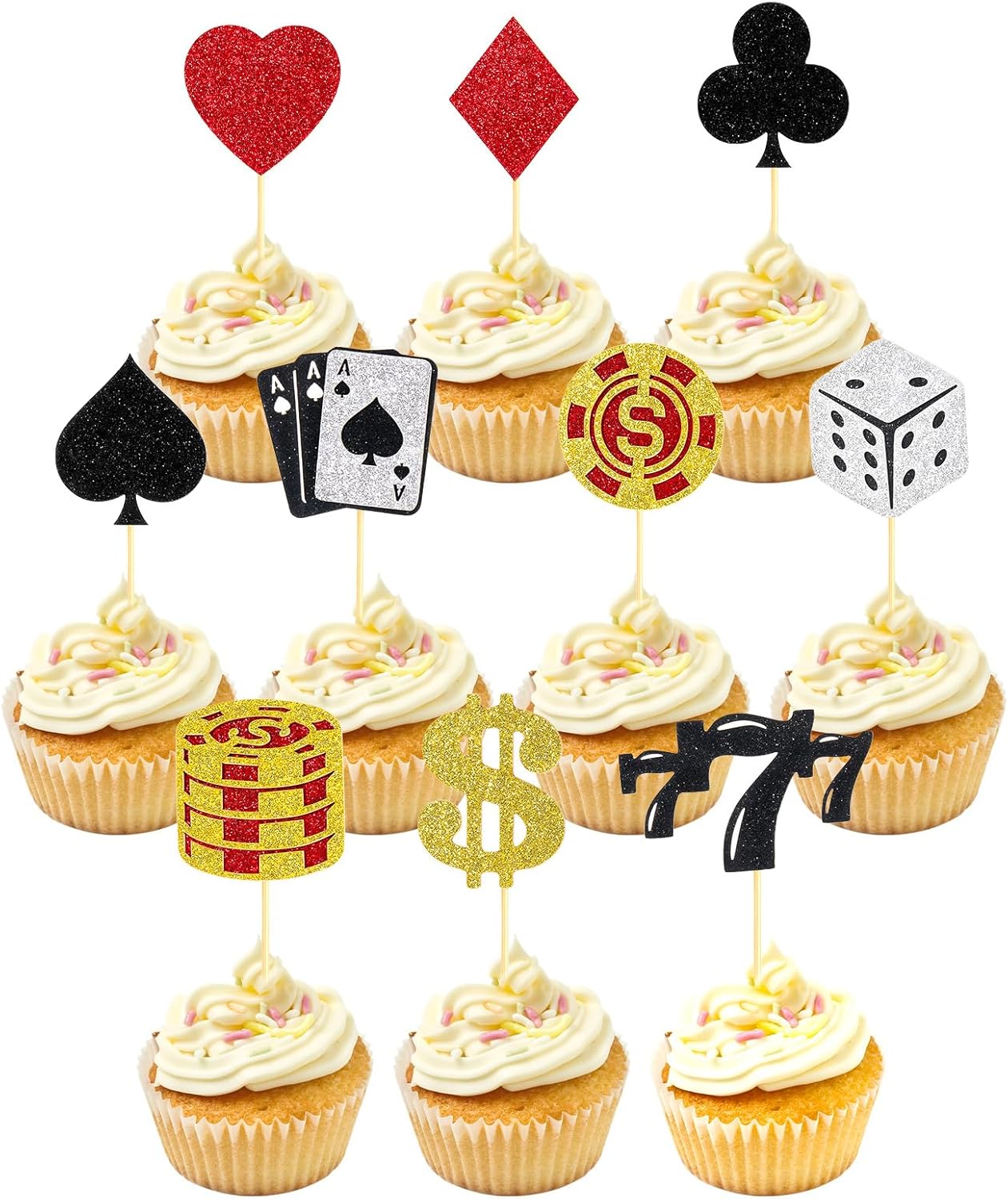24 Pcs Casino Cupcake Toppers, Casino Theme Party Decorations, Glitter Poker Chips Toppers for Vegas Themed Party Decorations, Fruit Food Picks for Poker Night Decor