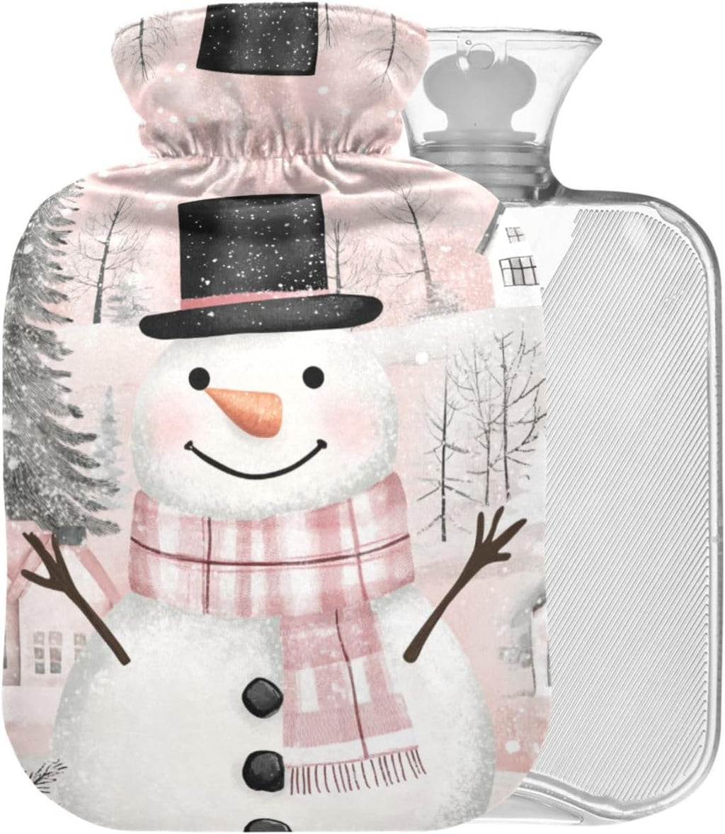 Pink Christmas Snowman Pattern Hot Water Bottle with Cover 2L Large Warm Water Bag for Pain Relief Cramps
