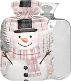 Pink Christmas Snowman Pattern Hot Water Bottle with Cover 2L Large Warm Water Bag for Pain Relief Cramps